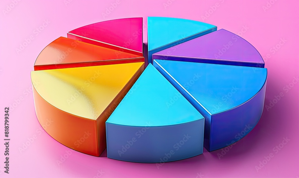 Obraz premium Colorful 3D pie chart on a pink background, representing data visualization, statistics, business analysis, and financial reports.