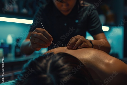 A professional acupuncturist carefully inserts a thin acupuncture needle into the back of a female patient lying face down photo