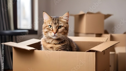 Moving to new home, donation concept. Inside the room, there is a stack of cardboard boxes and a cat perched in an empty cardboard box.