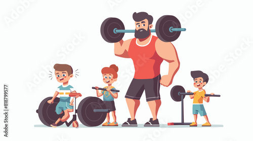 Father and kids performing strength workout together.