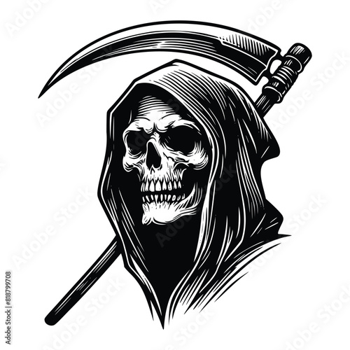grim reaper skull holding a scythe. black and white hand drawn grim reaper illustration