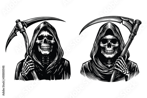 grim reaper skull holding a scythe. black and white hand drawn grim reaper illustration