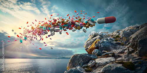 
Tablets or painkillers fly out of the bottle on a medical background  photo