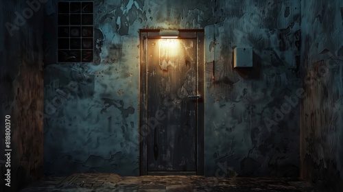 An old wooden door illuminated by a single overhead light in a room with weathered blue walls, creating an eerie and mysterious atmosphere.