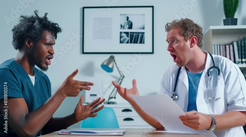 a doctor and a assistant sitting at a table, arguing in the office photo