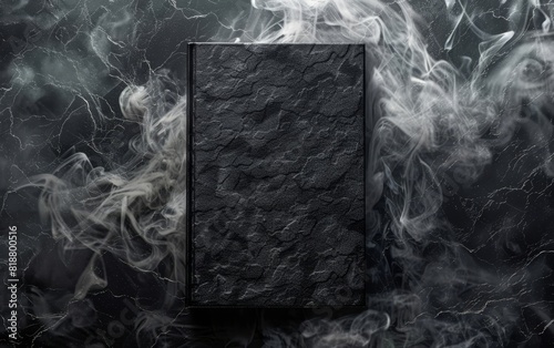 A mockup of an empty black book cover with smoke swirling around, mysterious atmosphere
