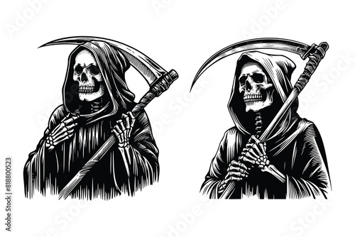 grim reaper skull holding a scythe. black and white hand drawn grim reaper illustration