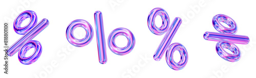 3d set of neon percent signs discount with different angles. Voucher gift. Stock vector illustration on isolated background.