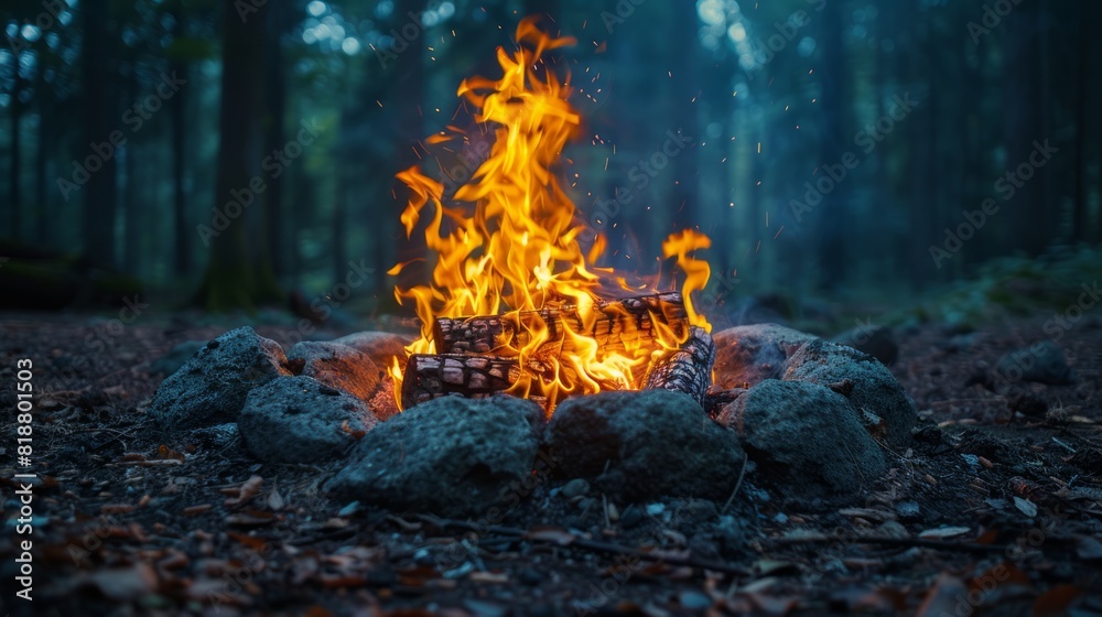 Bright Campfire in Forest Clearing at Dusk Bright Campfire in Forest Clearing at Dusk