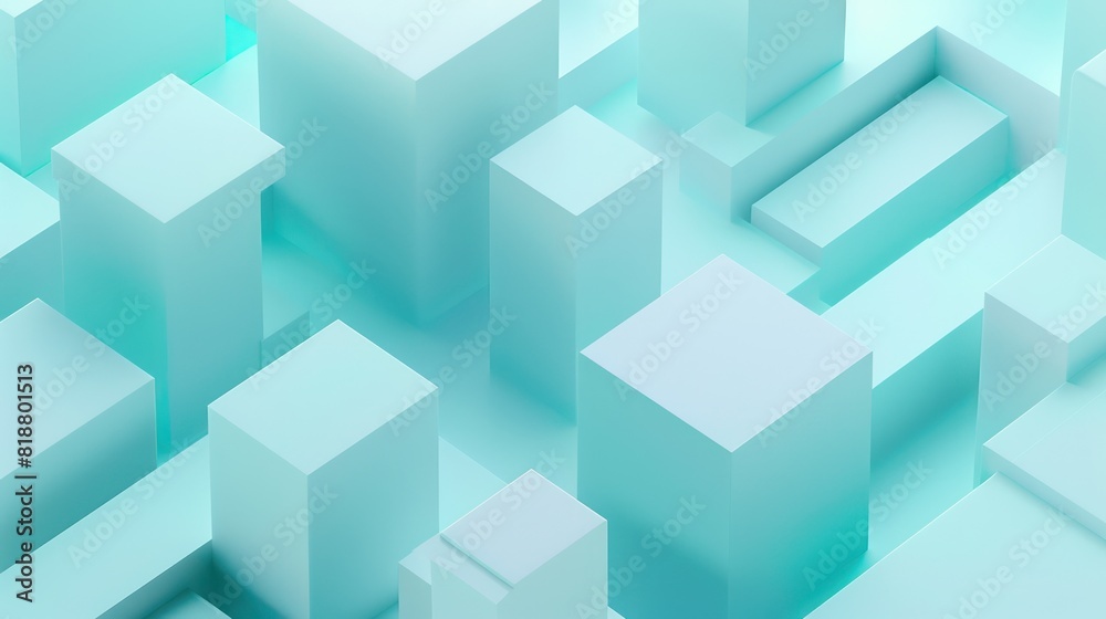 3D render of various turquoise blocks creating a geometric, abstract cityscape, conveying modernity and design 3D render of various turquoise blocks creating a geometric, abstract cityscape, conveying modernity and design