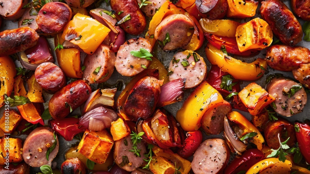 A sheet pan loaded with colorful fall vegetables and slices of maple-dijon sausage, fresh out of the oven
