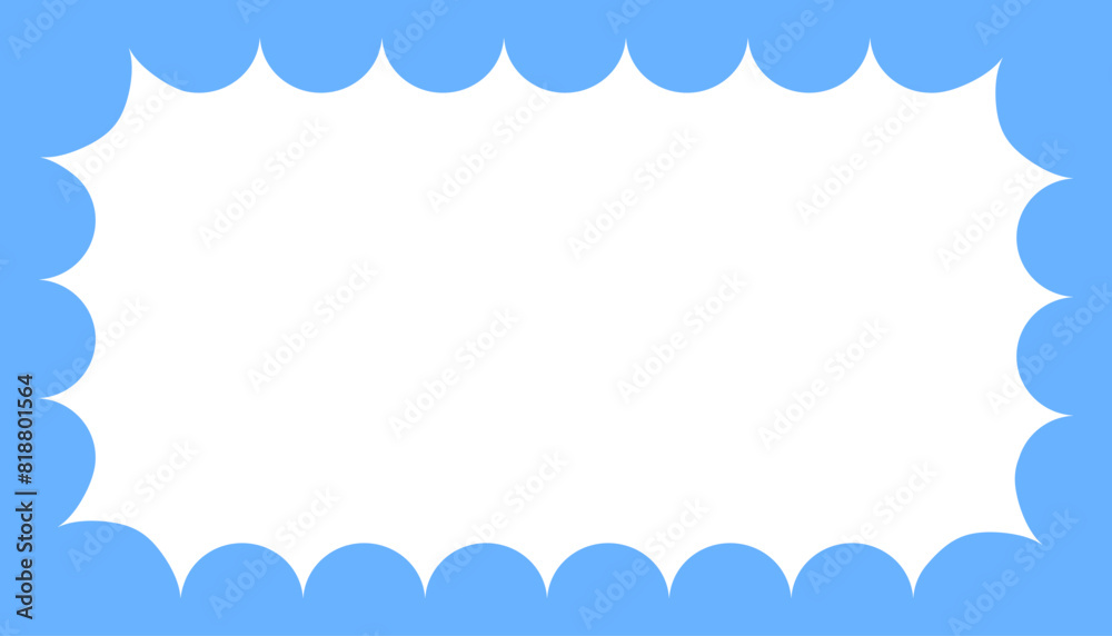 Cloudy wave curve edge frame. Wavy scalloped rectangle border. Doodle drawn rectangle picture frame. Empty blue text box. Funky zigzag design element. Vector illustration isolated on white background.