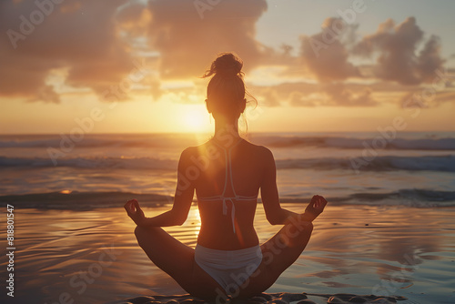 Woman on the beach shore doing yoga at sunset while the water covers her feet  summer concept vacation concept holidays