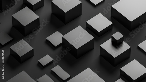 An array of various sized black cubes on a matte black surface creating a minimalist and modern aesthetic