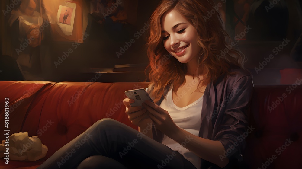 Beautiful woman is sitting on the sofa, holding her phone. Generative AI. Beautiful woman is sitting on the sofa, holding her phone. Generative AI.