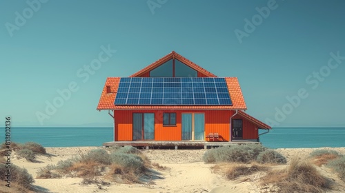 Bright red house with solar panels on the roof, situated on a sandy beach.
