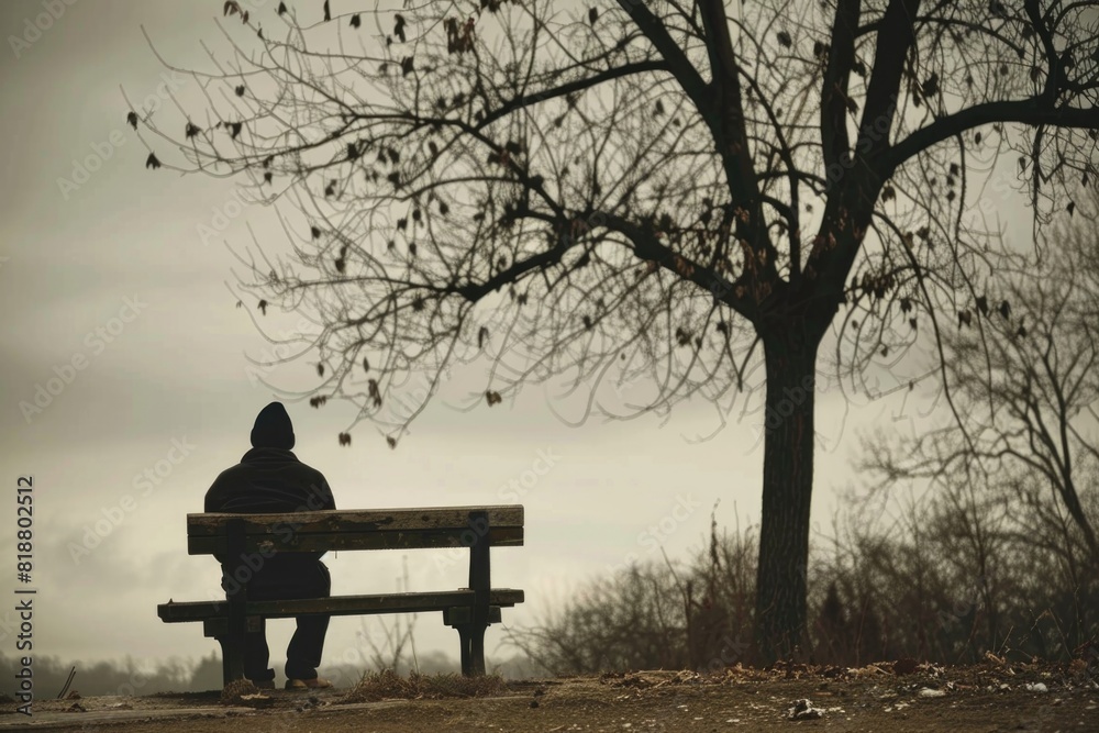 A solitary person is seated on a wooden park bench in contemplation or sadness A solitary person is seated on a wooden park bench in contemplation or sadness