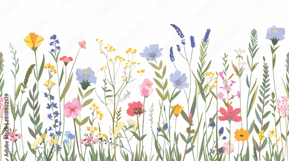 Floral border with spring wild flowers. Botanical ban