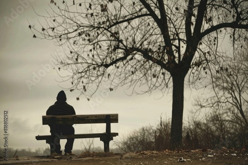 A solitary person is seated on a wooden park bench in contemplation or sadness