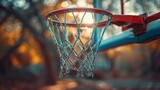 Basketball hoop with net in a sunlit outdoor setting