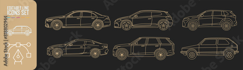 Car icons set, side view. Editable move.