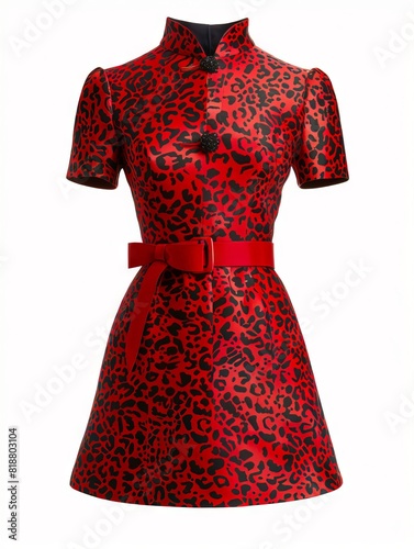 A red and black leopard print dress with a belt.