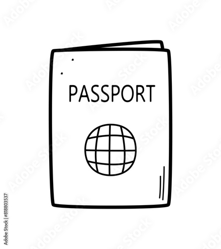 Passport sketch doodle icon. Vector illustration of the document, the concept of travel, identification of personality. Isolated on white.