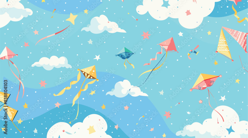 Flying kites pattern. Seamless background with sky 