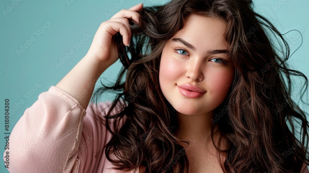 Confident young woman with curly hair posing against a turquoise background