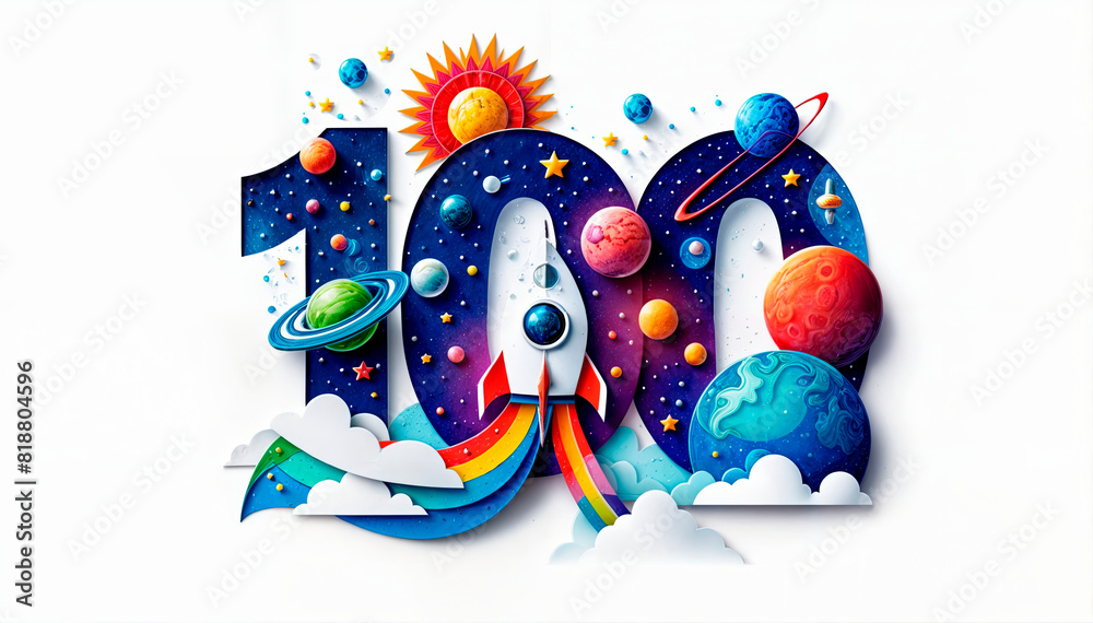 Colorful “100” design with planets, rockets, and stars in a space theme. Suitable for centennial celebrations, science events, educational purposes, or tech companies. Copy space available.