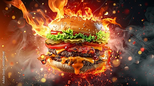 Flaming burger with melting cheese and crispy bacon