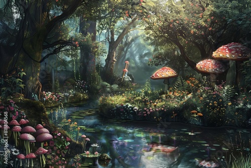 fairies fairy glade pond enchanted magical forest trees mushrooms flowers jewels gems fantasy whimsical concept art 
