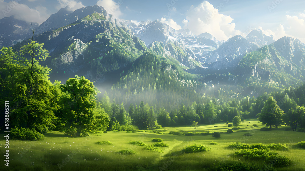In the summer while traveling the captivating landscape with its lush green trees grass and forests against a backdrop of majestic mountains and a clear blue sky creates a stunning backgrou In the summer while traveling the captivating landscape with its lush green trees grass and forests against a backdrop of majestic mountains and a clear blue sky creates a stunning backgrou