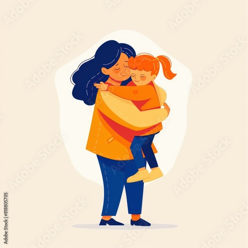 Minimalist UI illustration of granmother hugging her granson girl in a flat illustration style on a white background,generative ai photo