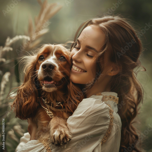 La modelo española irradia alegría mientras sostiene un travieso cachorro de cocker spaniel, su sonrisa contagiosa ilumina la escena, capturando la esencia de la juventud y la belleza.  photo