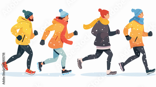 Four of cartoon active people at winter running isolated