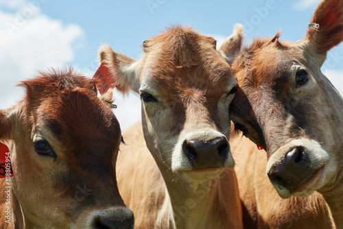 Cattle, agriculture and cows on farm with sustainable livestock for dairy production in summer. Animals, face and healthy herd for beef farming, industry and outdoor on Texas ranch in countryside