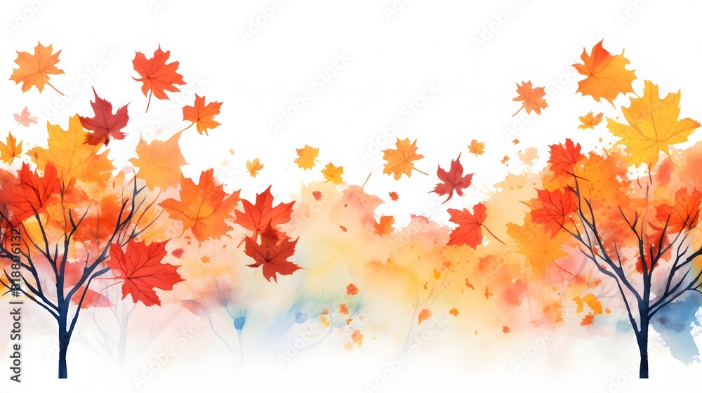 Watercolor autumn background with maple leaves. Generative AI.