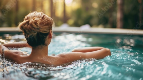 A woman relaxing in the jacuzzi of a spa, relaxed in a hot water bath, enjoying her relaxation time, wellbeing, health and bodycare concept © Vladyslav  Andrukhiv