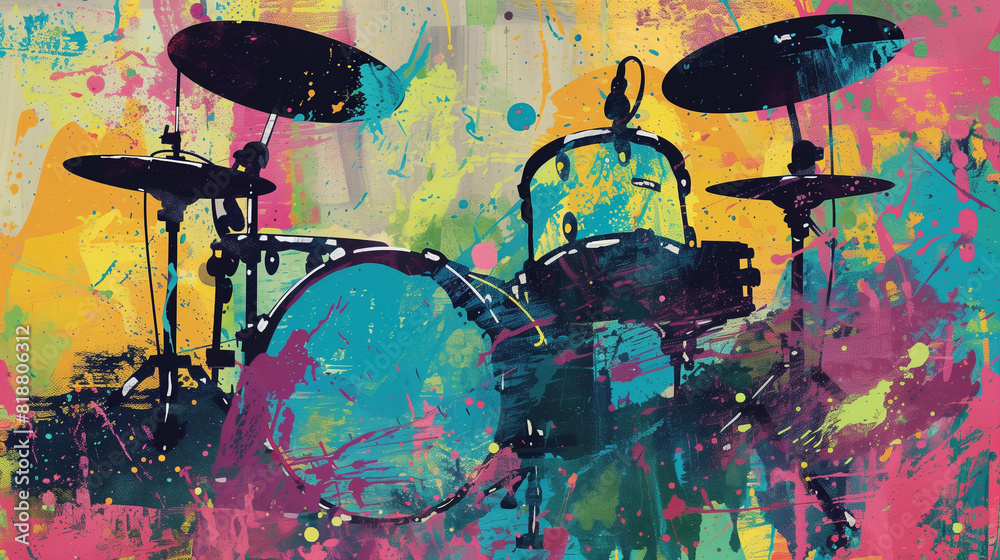 Obraz premium colorful grunge graffiti art with jazz rock music band street art with drums musical instrument