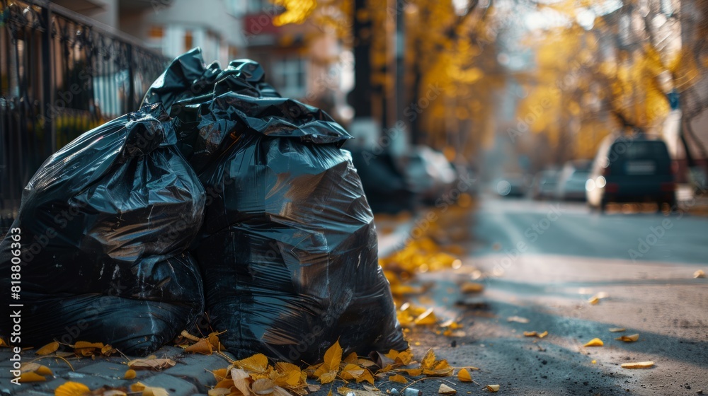 Black garbage bags on a street with autumn leaves