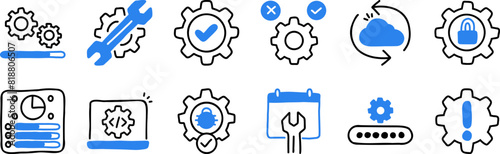 Doodle Set of Maintenance and Setting Icon in Duotone Color Black and Blue