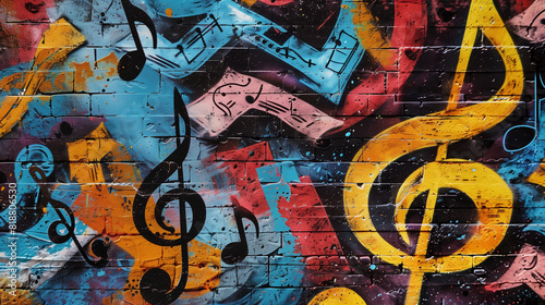 Abstract graffiti band street art with music notes symbols musical instrument grunge wall background 
