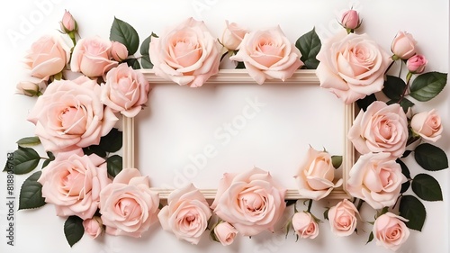 Frame with blush pink roses on a white backdrop. A layout of different creamy pink roses and their buds on a white backdrop with copy space. top view, flat lay