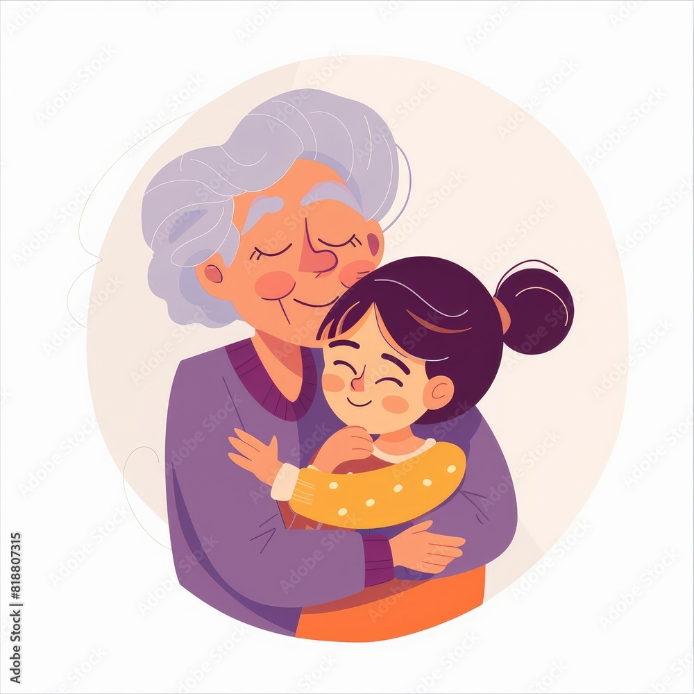 Minimalist UI illustration of granmother hugging her granson girl in a flat illustration style on a white background,generative ai