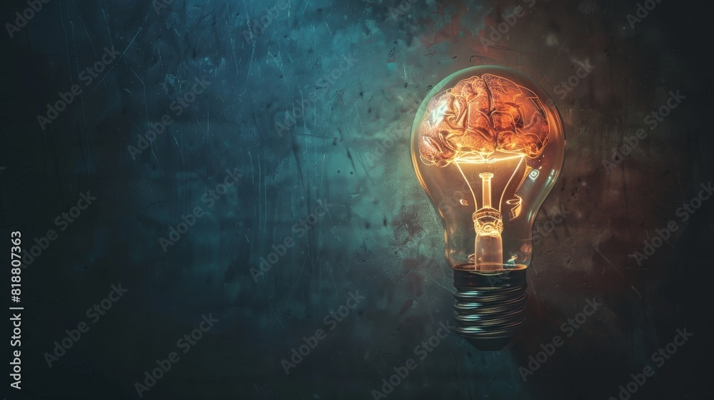Light bulb with a glowing brain inside, set against a dark, textured background Light bulb with a glowing brain inside, set against a dark, textured background