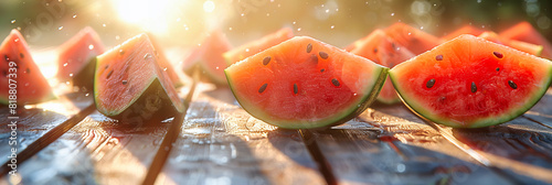 Fresh Watermelon Slices on a Wooden Cutting Board, Juicy and Ripe Summer Treat in a Rustic Setting photo