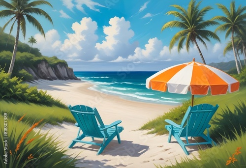 Beach chairs and umbrella