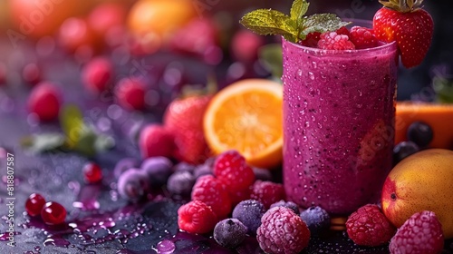 Smoothie ingredients blending focus on the colorful fruits health food shop backdrop space for text on the right photo