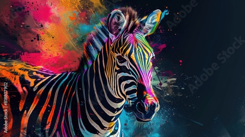 Abstract animal African Zebra portrait with multi colored colorful on skin body and hairs paint
